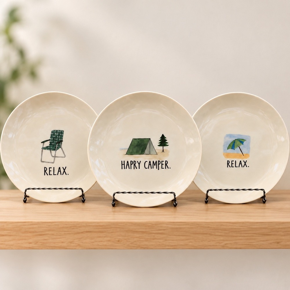 Rae Dunn Artisan Collection 8" Melamine Plates Set of 3 Happy Camper Relax